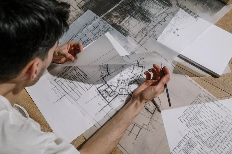 Grundriss und Materialmuster zur Vorbereitung der Planung